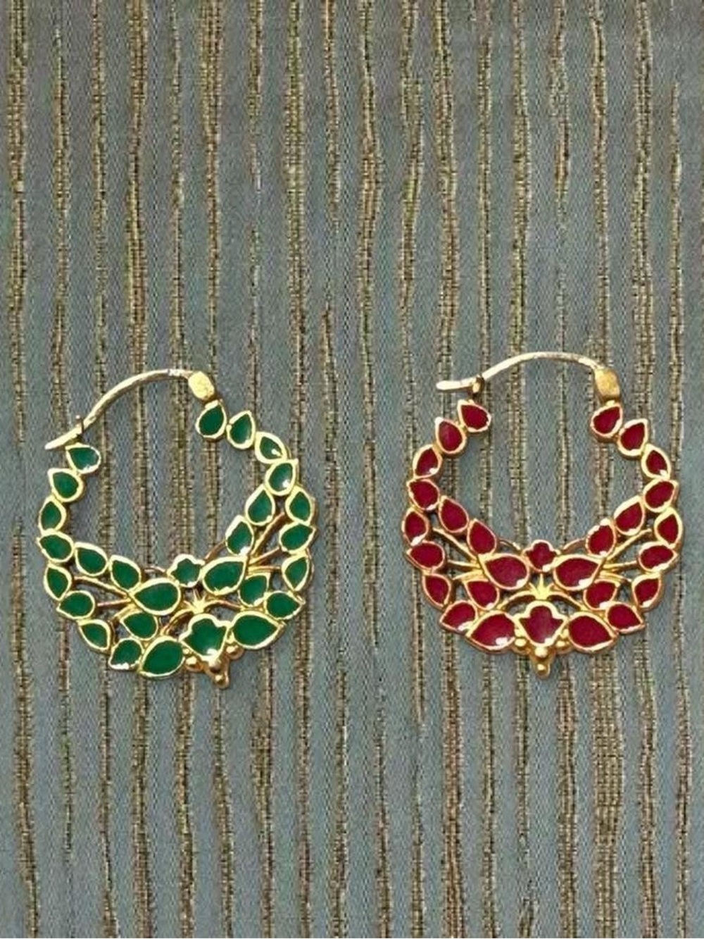 Reversible Green and Red Gold Enamel Floral Hoop Earrings - Women's Jewelry